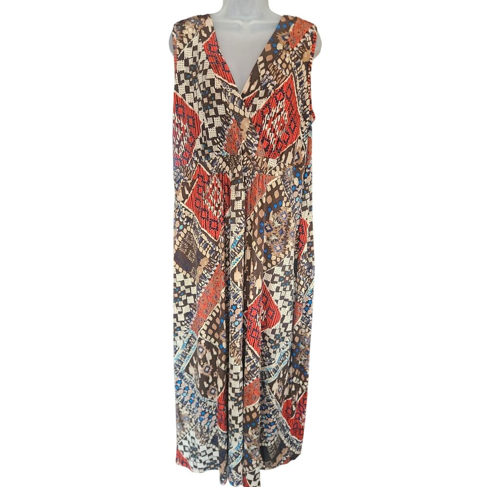 Susan Lawrence Brown Orange Maxi Dress Sz 2X Patchwork Sleeveless Stretchy Vneck - Picture 3 of 7